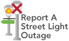 Two streetlights, one has a light on and the other has a red x over it. Text reads: "Report a Street Light Outage."