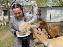 A young woman with a big smile as an alpaca eats out of a plate she's holding.